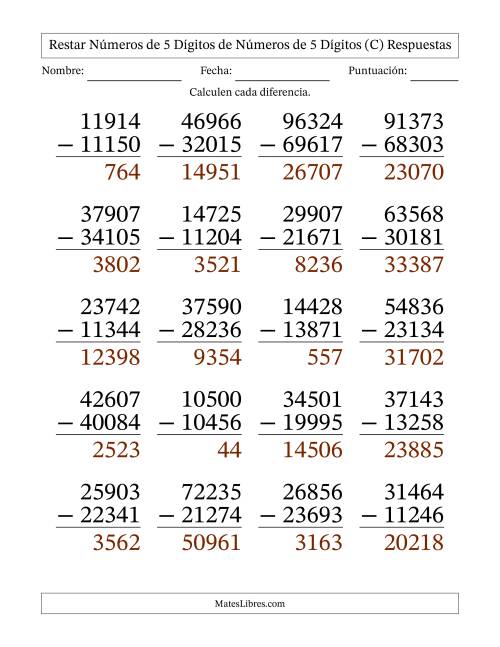 La hoja de ejercicios de Restar números de 5 dígitos de números de 5 dígitos, con acarreo en algunas preguntas (20 preguntas) - Formato Grande (C) Página 2