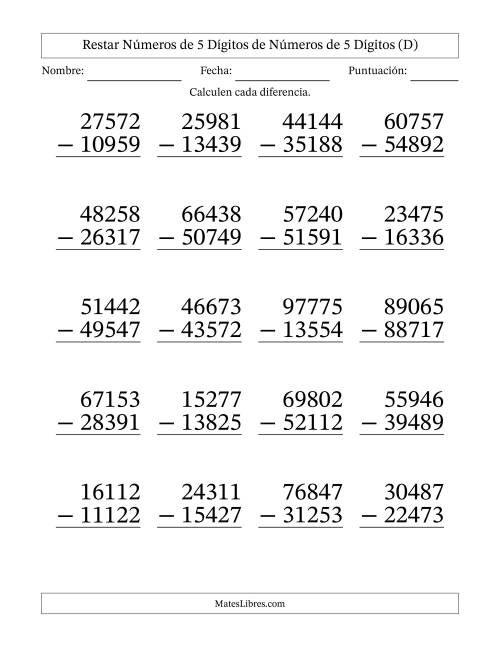 La hoja de ejercicios de Restar números de 5 dígitos de números de 5 dígitos, con acarreo en algunas preguntas (20 preguntas) - Formato Grande (D)