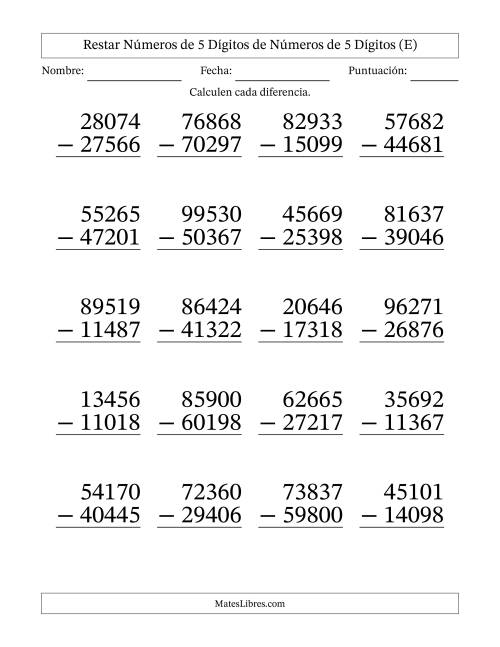 La hoja de ejercicios de Restar números de 5 dígitos de números de 5 dígitos, con acarreo en algunas preguntas (20 preguntas) - Formato Grande (E)