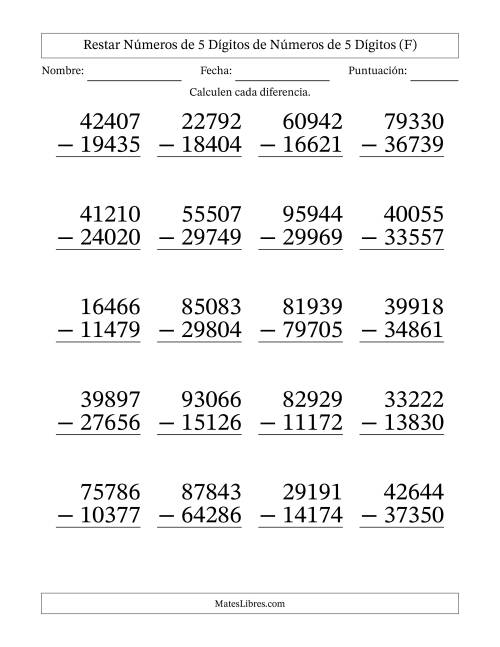 La hoja de ejercicios de Restar números de 5 dígitos de números de 5 dígitos, con acarreo en algunas preguntas (20 preguntas) - Formato Grande (F)