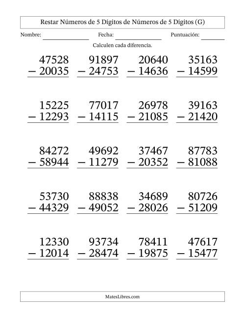 La hoja de ejercicios de Restar números de 5 dígitos de números de 5 dígitos, con acarreo en algunas preguntas (20 preguntas) - Formato Grande (G)