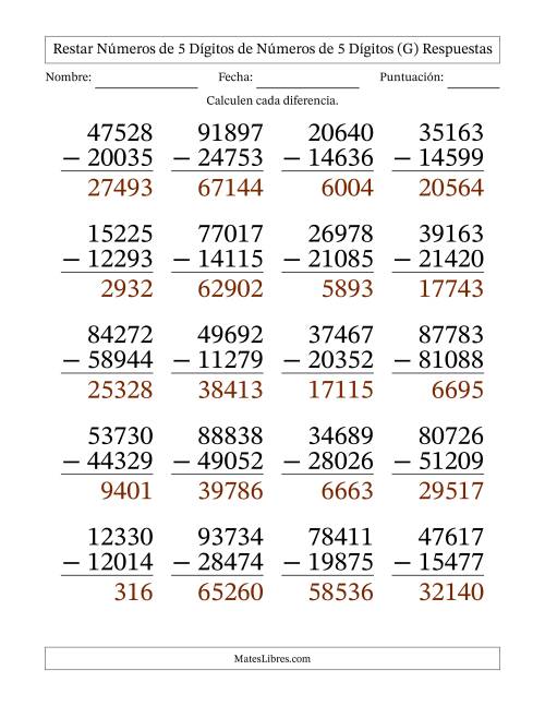 La hoja de ejercicios de Restar números de 5 dígitos de números de 5 dígitos, con acarreo en algunas preguntas (20 preguntas) - Formato Grande (G) Página 2