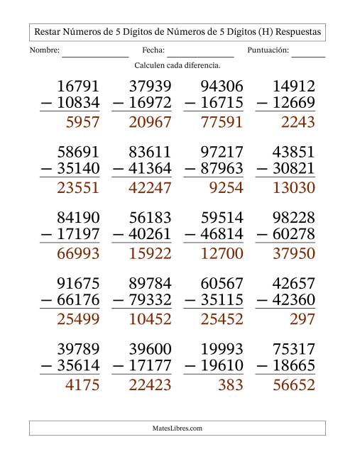 La hoja de ejercicios de Restar números de 5 dígitos de números de 5 dígitos, con acarreo en algunas preguntas (20 preguntas) - Formato Grande (H) Página 2