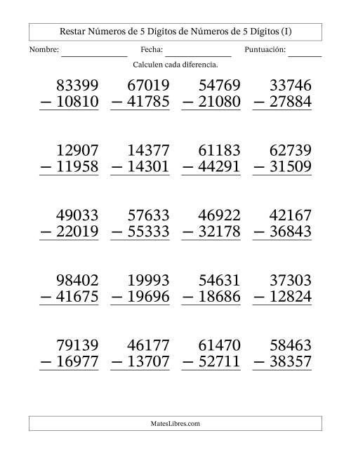La hoja de ejercicios de Restar números de 5 dígitos de números de 5 dígitos, con acarreo en algunas preguntas (20 preguntas) - Formato Grande (I)