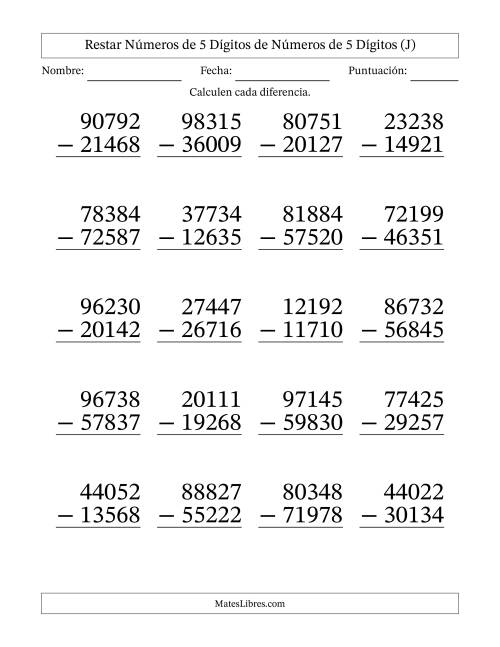 La hoja de ejercicios de Restar números de 5 dígitos de números de 5 dígitos, con acarreo en algunas preguntas (20 preguntas) - Formato Grande (J)