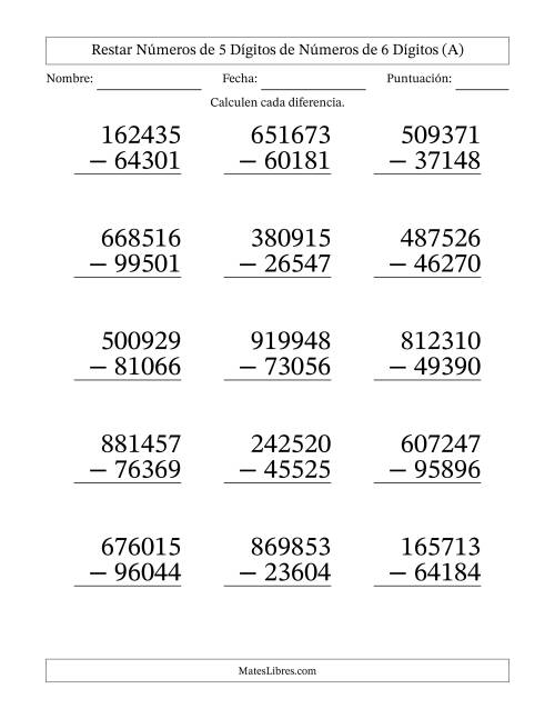 La hoja de ejercicios de Restar números de 5 dígitos de números de 6 dígitos, con acarreo en algunas preguntas (15 preguntas) - Formato Grande (A)