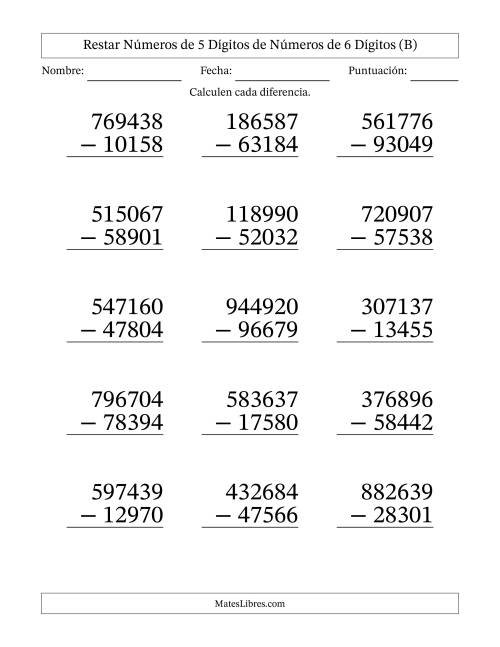 La hoja de ejercicios de Restar números de 5 dígitos de números de 6 dígitos, con acarreo en algunas preguntas (15 preguntas) - Formato Grande (B)