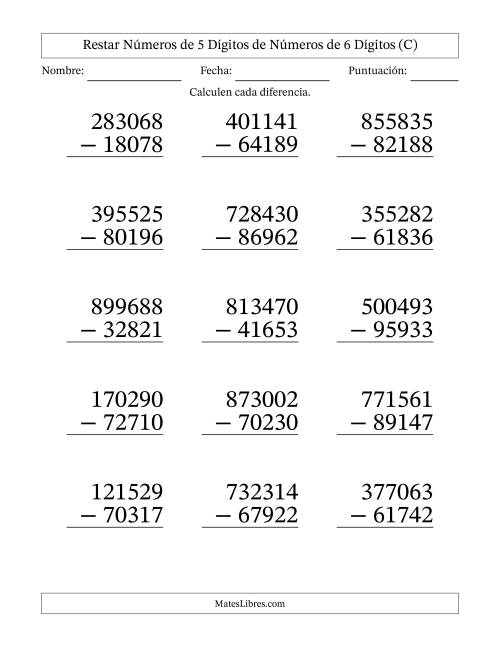 La hoja de ejercicios de Restar números de 5 dígitos de números de 6 dígitos, con acarreo en algunas preguntas (15 preguntas) - Formato Grande (C)