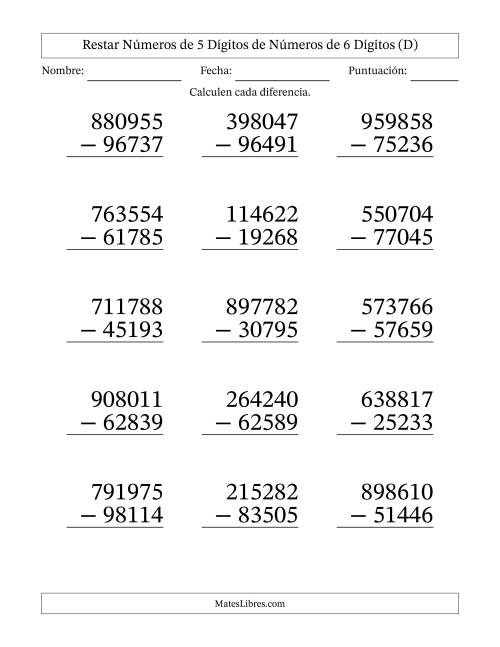 La hoja de ejercicios de Restar números de 5 dígitos de números de 6 dígitos, con acarreo en algunas preguntas (15 preguntas) - Formato Grande (D)