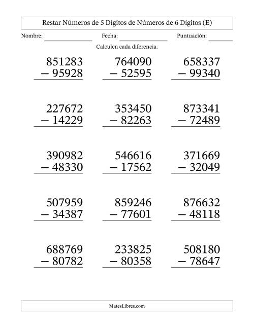 La hoja de ejercicios de Restar números de 5 dígitos de números de 6 dígitos, con acarreo en algunas preguntas (15 preguntas) - Formato Grande (E)