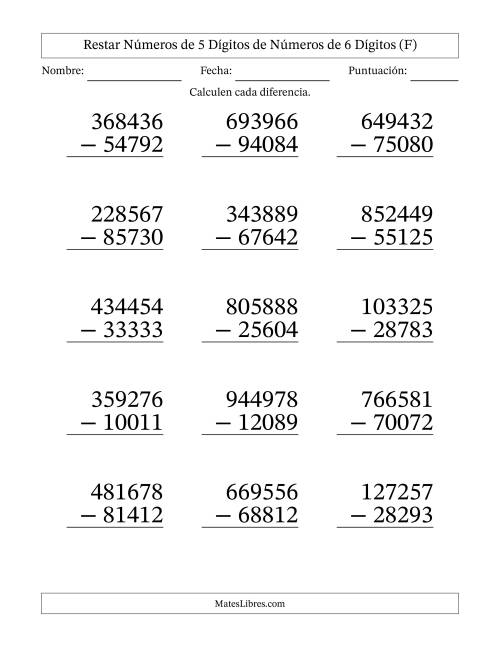 La hoja de ejercicios de Restar números de 5 dígitos de números de 6 dígitos, con acarreo en algunas preguntas (15 preguntas) - Formato Grande (F)
