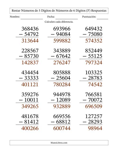 La hoja de ejercicios de Restar números de 5 dígitos de números de 6 dígitos, con acarreo en algunas preguntas (15 preguntas) - Formato Grande (F) Página 2
