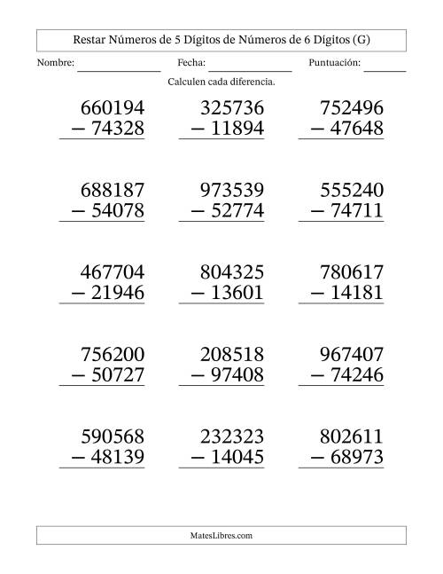 La hoja de ejercicios de Restar números de 5 dígitos de números de 6 dígitos, con acarreo en algunas preguntas (15 preguntas) - Formato Grande (G)