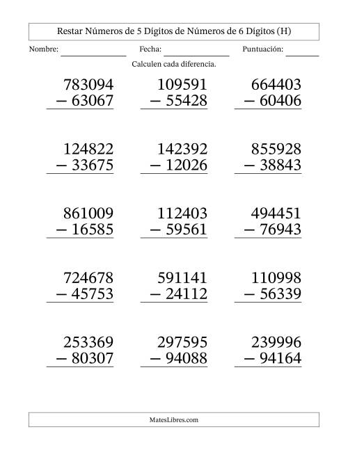 La hoja de ejercicios de Restar números de 5 dígitos de números de 6 dígitos, con acarreo en algunas preguntas (15 preguntas) - Formato Grande (H)