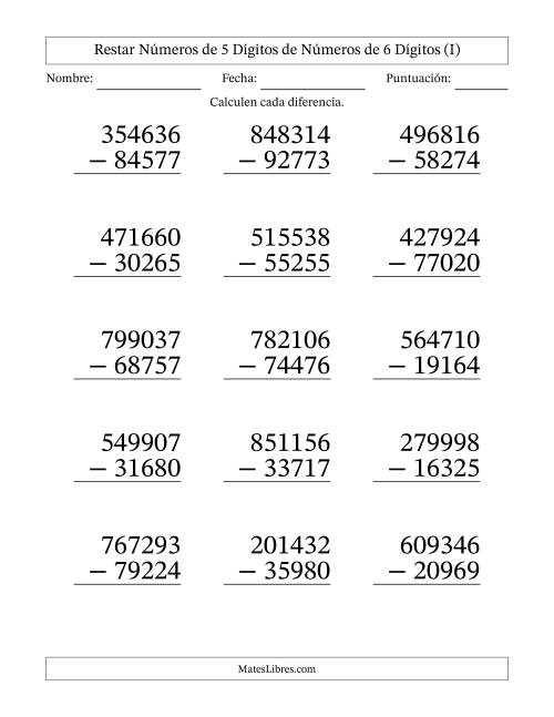 La hoja de ejercicios de Restar números de 5 dígitos de números de 6 dígitos, con acarreo en algunas preguntas (15 preguntas) - Formato Grande (I)