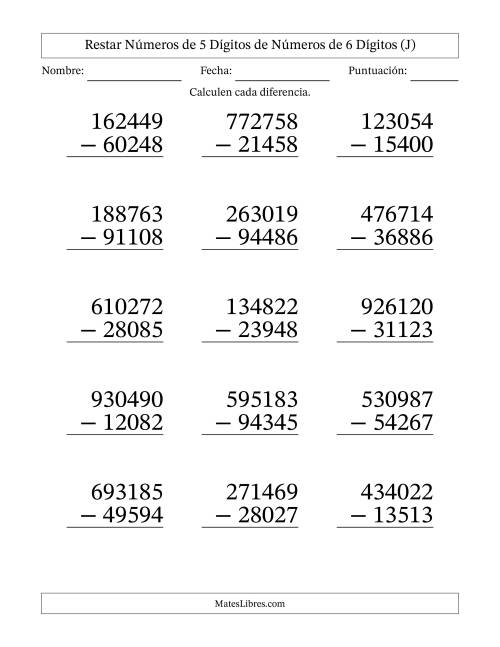 La hoja de ejercicios de Restar números de 5 dígitos de números de 6 dígitos, con acarreo en algunas preguntas (15 preguntas) - Formato Grande (J)