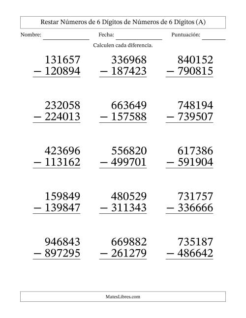 La hoja de ejercicios de Restar números de 6 dígitos de números de 6 dígitos, con acarreo en algunas preguntas (15 preguntas) - Formato Grande (A)