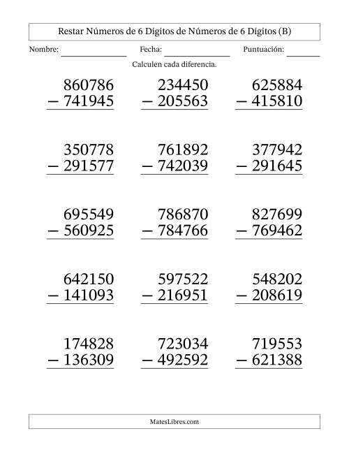 La hoja de ejercicios de Restar números de 6 dígitos de números de 6 dígitos, con acarreo en algunas preguntas (15 preguntas) - Formato Grande (B)