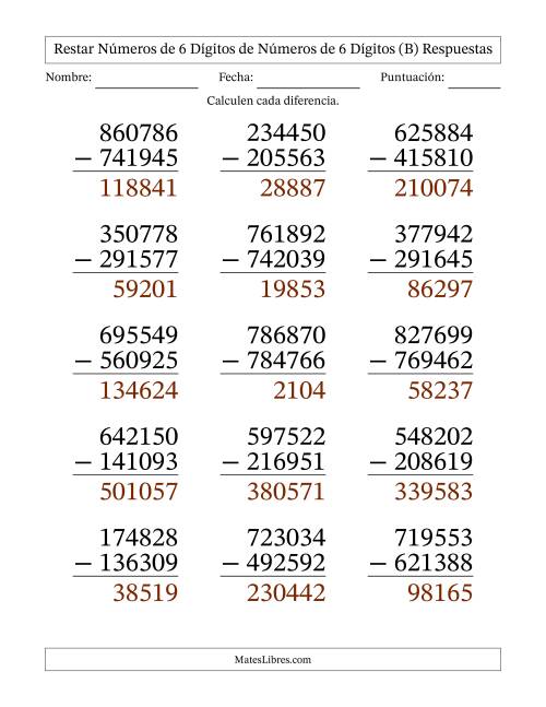La hoja de ejercicios de Restar números de 6 dígitos de números de 6 dígitos, con acarreo en algunas preguntas (15 preguntas) - Formato Grande (B) Página 2