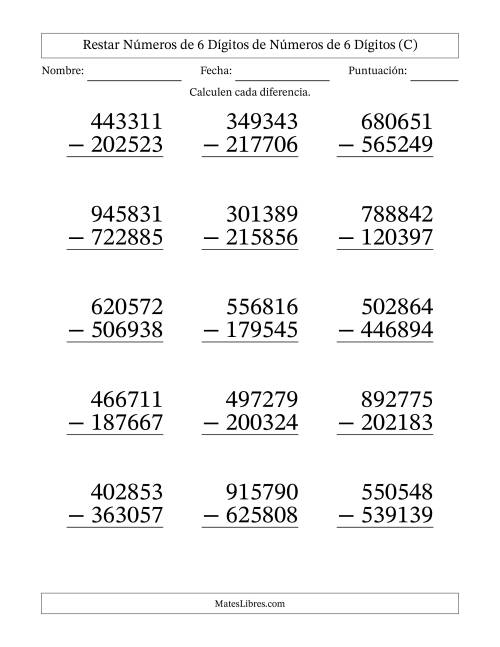 La hoja de ejercicios de Restar números de 6 dígitos de números de 6 dígitos, con acarreo en algunas preguntas (15 preguntas) - Formato Grande (C)