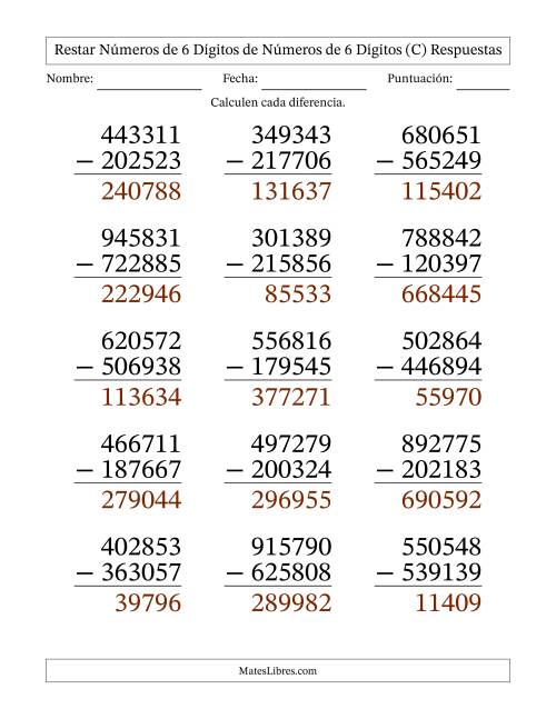 La hoja de ejercicios de Restar números de 6 dígitos de números de 6 dígitos, con acarreo en algunas preguntas (15 preguntas) - Formato Grande (C) Página 2