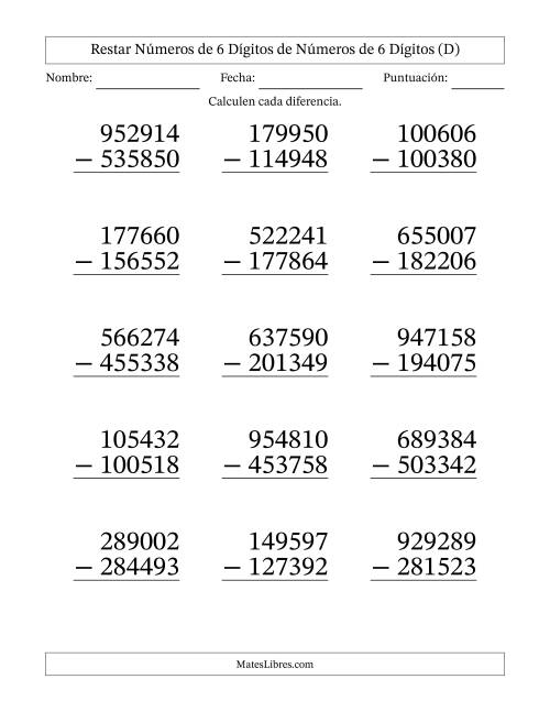La hoja de ejercicios de Restar números de 6 dígitos de números de 6 dígitos, con acarreo en algunas preguntas (15 preguntas) - Formato Grande (D)