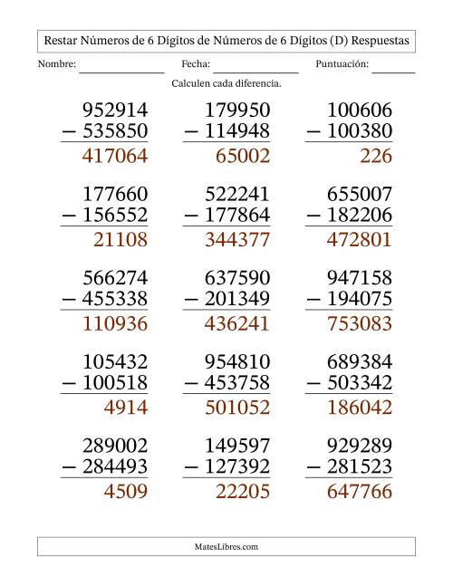 La hoja de ejercicios de Restar números de 6 dígitos de números de 6 dígitos, con acarreo en algunas preguntas (15 preguntas) - Formato Grande (D) Página 2