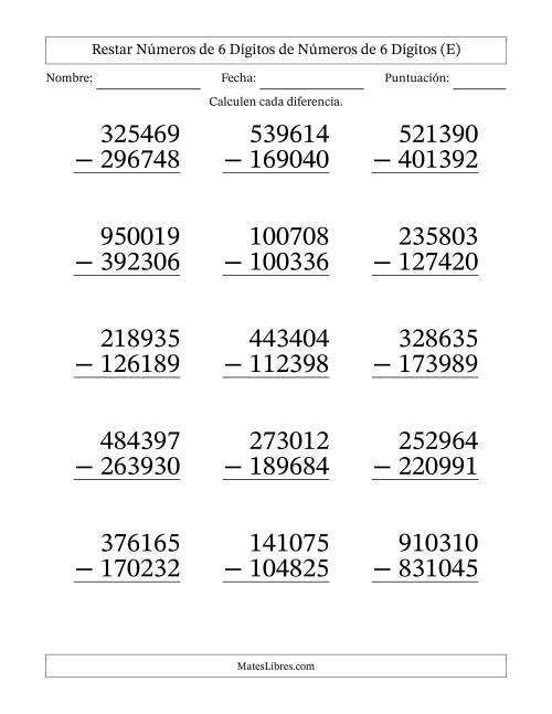 La hoja de ejercicios de Restar números de 6 dígitos de números de 6 dígitos, con acarreo en algunas preguntas (15 preguntas) - Formato Grande (E)