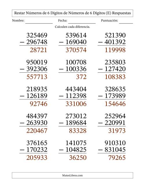 La hoja de ejercicios de Restar números de 6 dígitos de números de 6 dígitos, con acarreo en algunas preguntas (15 preguntas) - Formato Grande (E) Página 2