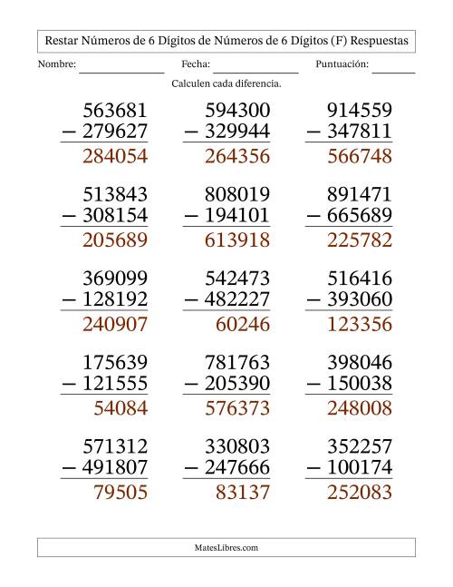La hoja de ejercicios de Restar números de 6 dígitos de números de 6 dígitos, con acarreo en algunas preguntas (15 preguntas) - Formato Grande (F) Página 2