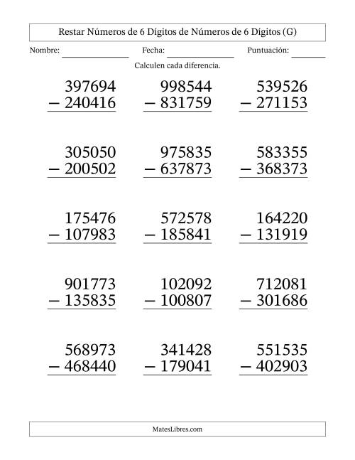 La hoja de ejercicios de Restar números de 6 dígitos de números de 6 dígitos, con acarreo en algunas preguntas (15 preguntas) - Formato Grande (G)