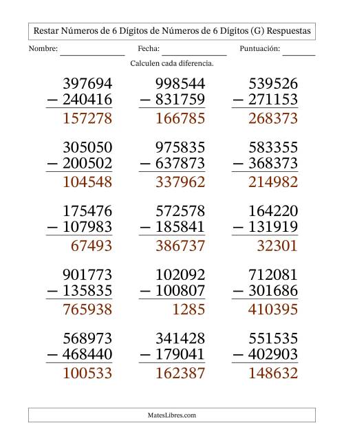 La hoja de ejercicios de Restar números de 6 dígitos de números de 6 dígitos, con acarreo en algunas preguntas (15 preguntas) - Formato Grande (G) Página 2