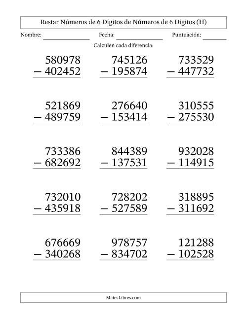 La hoja de ejercicios de Restar números de 6 dígitos de números de 6 dígitos, con acarreo en algunas preguntas (15 preguntas) - Formato Grande (H)