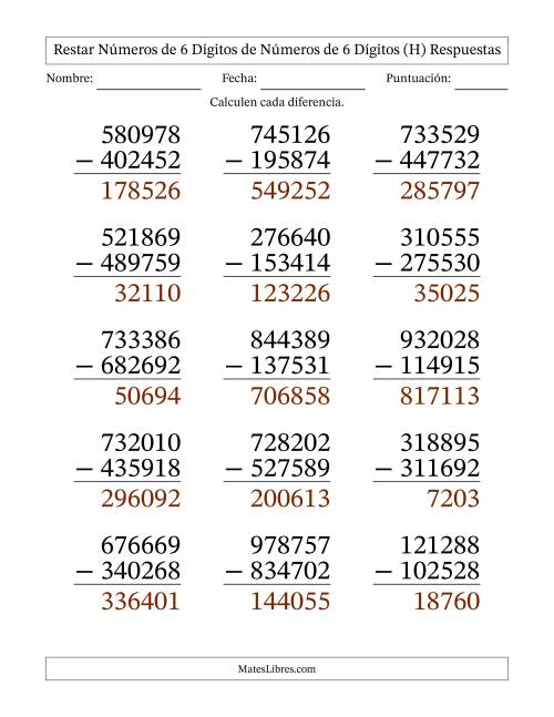 La hoja de ejercicios de Restar números de 6 dígitos de números de 6 dígitos, con acarreo en algunas preguntas (15 preguntas) - Formato Grande (H) Página 2