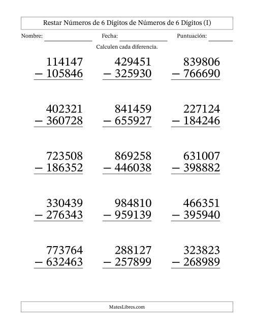 La hoja de ejercicios de Restar números de 6 dígitos de números de 6 dígitos, con acarreo en algunas preguntas (15 preguntas) - Formato Grande (I)