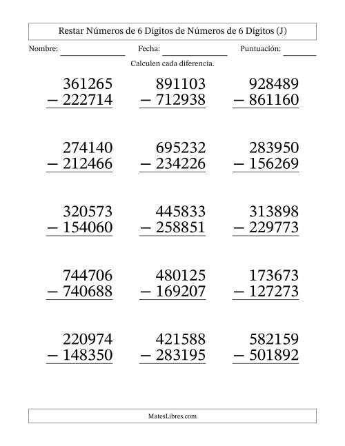 La hoja de ejercicios de Restar números de 6 dígitos de números de 6 dígitos, con acarreo en algunas preguntas (15 preguntas) - Formato Grande (J)