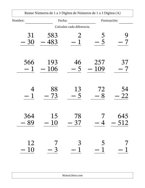 La hoja de ejercicios de Restar números de 1 a 3 dígitos de números de 1 a 3 dígitos, con acarreo en algunas preguntas (25 preguntas) - Formato Grande (A)