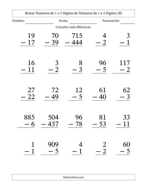 La hoja de ejercicios de Restar números de 1 a 3 dígitos de números de 1 a 3 dígitos, con acarreo en algunas preguntas (25 preguntas) - Formato Grande (B)