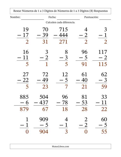 La hoja de ejercicios de Restar números de 1 a 3 dígitos de números de 1 a 3 dígitos, con acarreo en algunas preguntas (25 preguntas) - Formato Grande (B) Página 2
