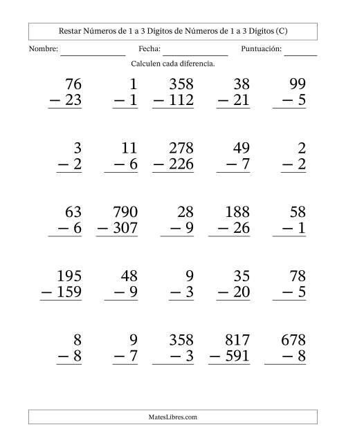 La hoja de ejercicios de Restar números de 1 a 3 dígitos de números de 1 a 3 dígitos, con acarreo en algunas preguntas (25 preguntas) - Formato Grande (C)