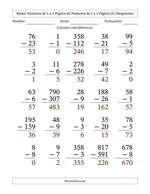 La hoja de ejercicios de Restar números de 1 a 3 dígitos de números de 1 a 3 dígitos, con acarreo en algunas preguntas (25 preguntas) - Formato Grande (C) Página 2