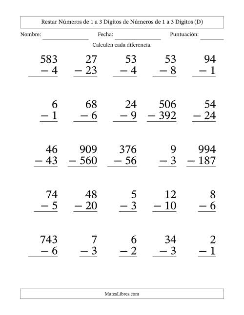 La hoja de ejercicios de Restar números de 1 a 3 dígitos de números de 1 a 3 dígitos, con acarreo en algunas preguntas (25 preguntas) - Formato Grande (D)