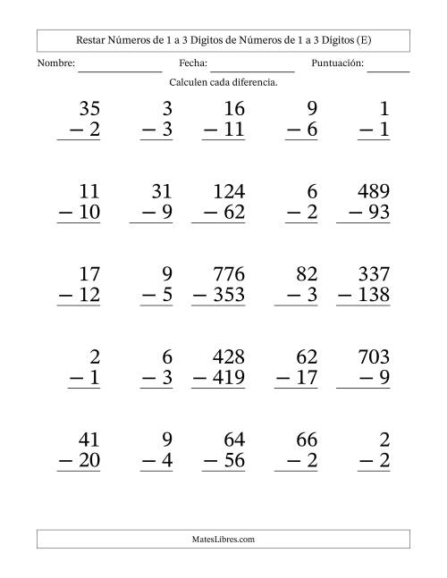 La hoja de ejercicios de Restar números de 1 a 3 dígitos de números de 1 a 3 dígitos, con acarreo en algunas preguntas (25 preguntas) - Formato Grande (E)