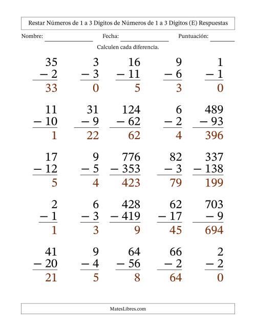 La hoja de ejercicios de Restar números de 1 a 3 dígitos de números de 1 a 3 dígitos, con acarreo en algunas preguntas (25 preguntas) - Formato Grande (E) Página 2