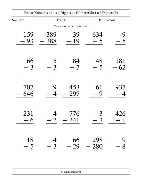 La hoja de ejercicios de Restar números de 1 a 3 dígitos de números de 1 a 3 dígitos, con acarreo en algunas preguntas (25 preguntas) - Formato Grande (F)