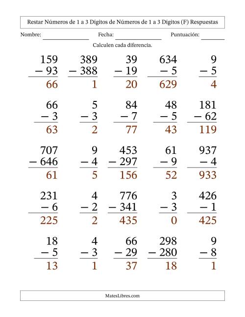La hoja de ejercicios de Restar números de 1 a 3 dígitos de números de 1 a 3 dígitos, con acarreo en algunas preguntas (25 preguntas) - Formato Grande (F) Página 2