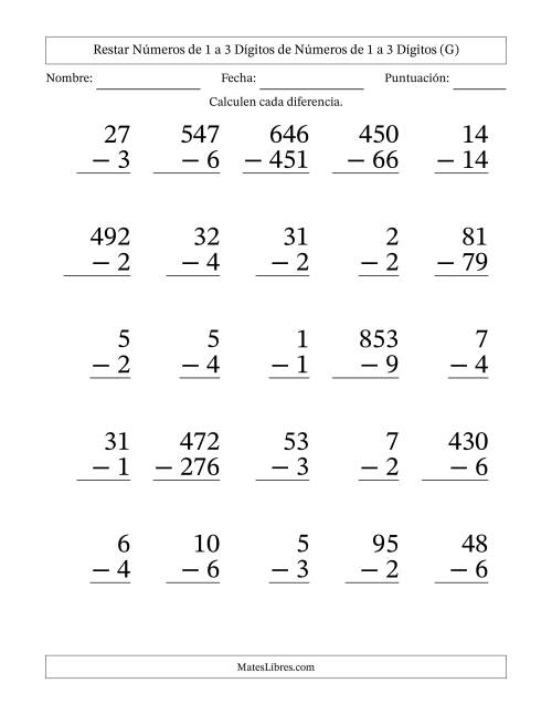 La hoja de ejercicios de Restar números de 1 a 3 dígitos de números de 1 a 3 dígitos, con acarreo en algunas preguntas (25 preguntas) - Formato Grande (G)
