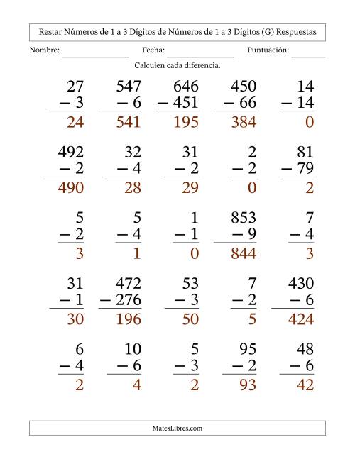 La hoja de ejercicios de Restar números de 1 a 3 dígitos de números de 1 a 3 dígitos, con acarreo en algunas preguntas (25 preguntas) - Formato Grande (G) Página 2