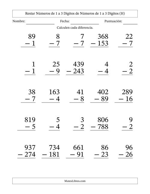 La hoja de ejercicios de Restar números de 1 a 3 dígitos de números de 1 a 3 dígitos, con acarreo en algunas preguntas (25 preguntas) - Formato Grande (H)