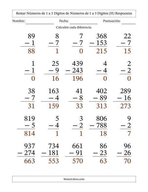 La hoja de ejercicios de Restar números de 1 a 3 dígitos de números de 1 a 3 dígitos, con acarreo en algunas preguntas (25 preguntas) - Formato Grande (H) Página 2